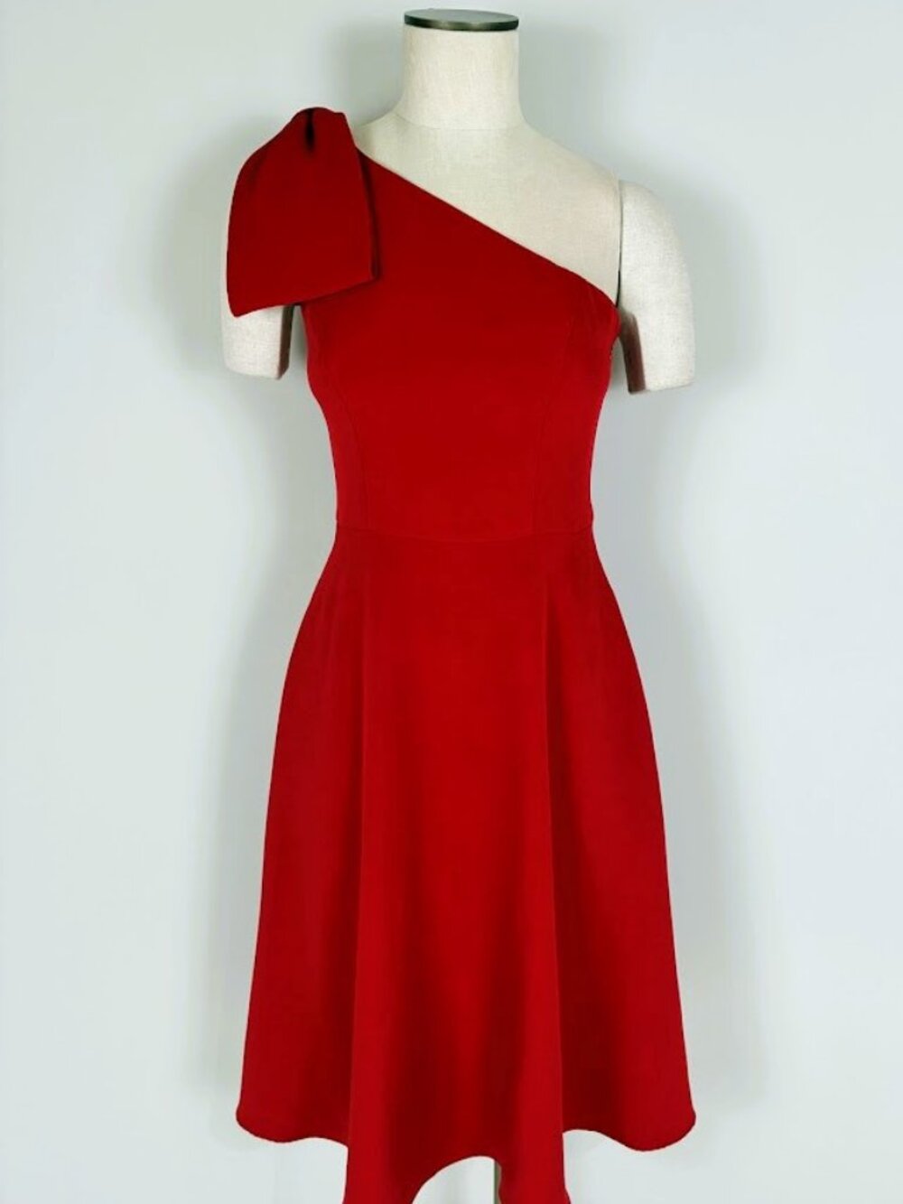 Gal Meets Glam One Shoulder Bow Midi Dress Red Size 4 A-Line Cocktail Wedding